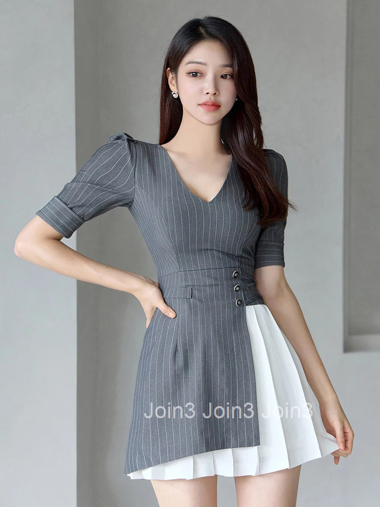 Fashion Vintage Work Style Formal Striped Asymmetrical Short Dress Women Clothes Elegant Office Puff Sleeve Slim Mini Vestidos