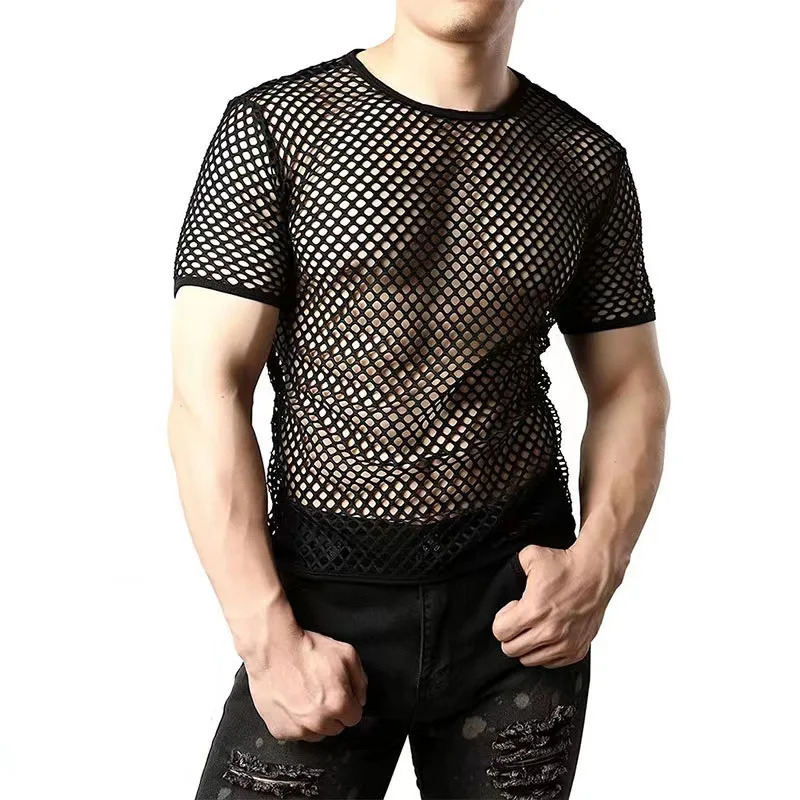 Style Male Personality Hollow-out Jacket Fishnet Mesh Perspective Short-sleeved T-shirt Men Nightclub Dancers Sexy Costume Men 250616