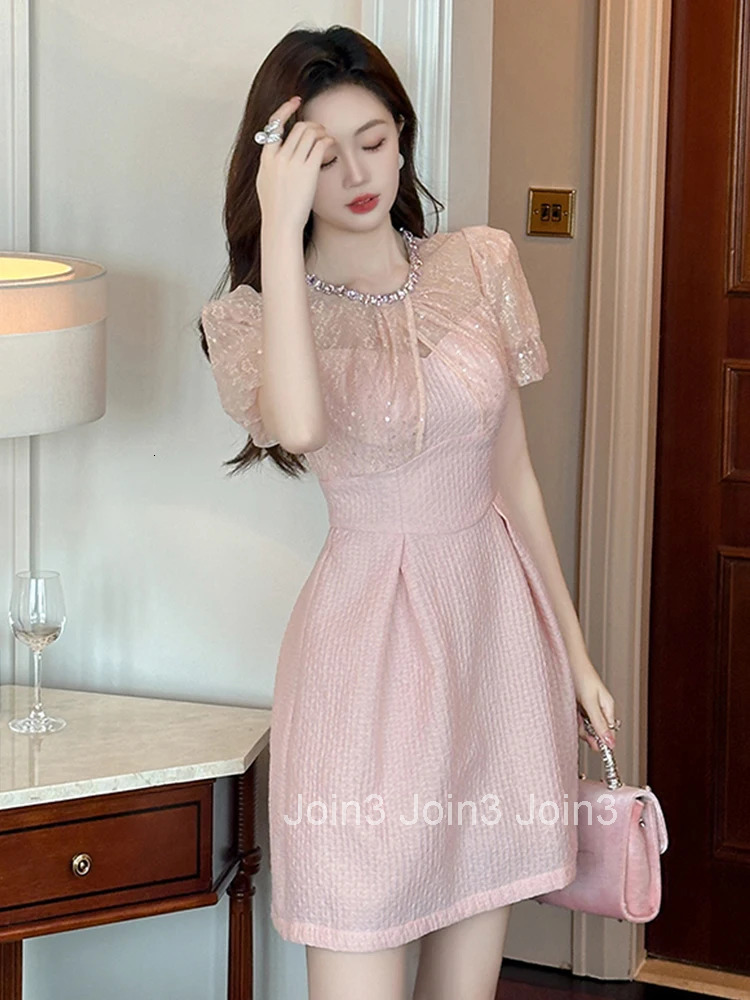 Women Clothes Sweet Pink Lace Sheer Sexy O-Neck Slim A-Line Mini Short Dress Elegant Ladies Fashion Evening Party Prom Vestidos