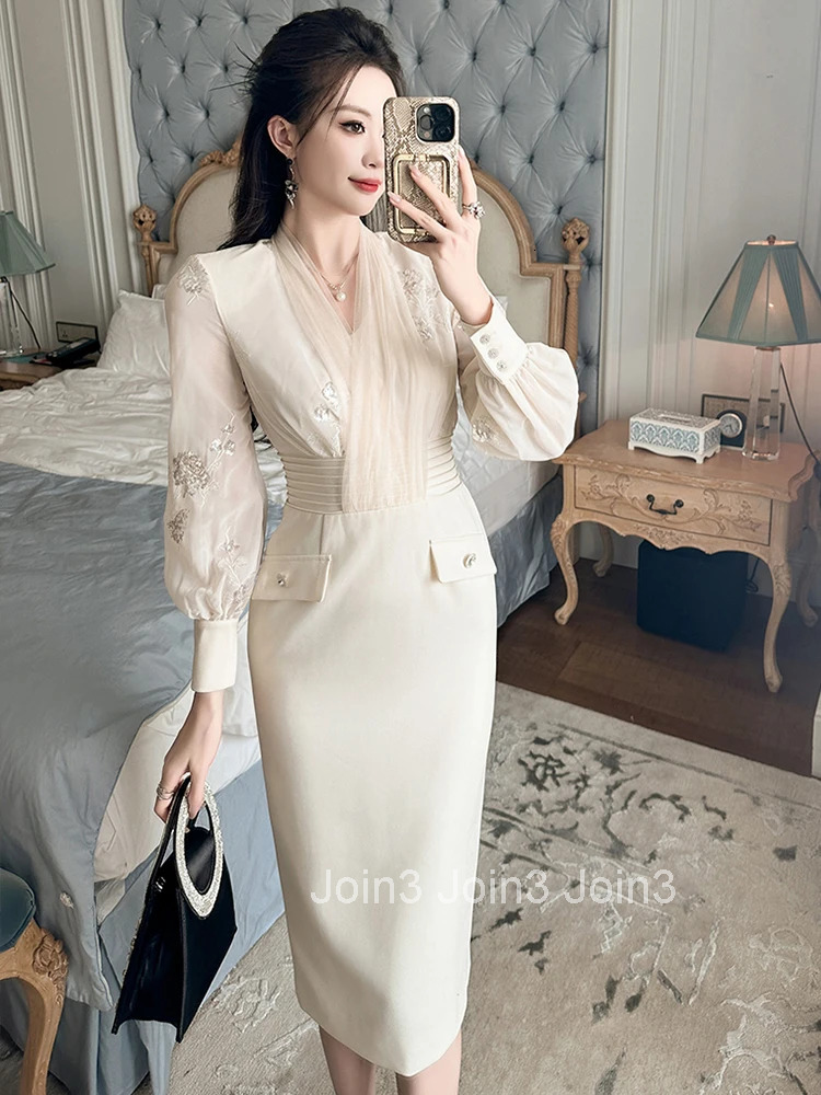 Women Clothes Work Style Fake 2-Piece V-Neck Slim Midi Pencil Dress Elegant Ladies Fashion Vestidos Formal Occasion Casual New