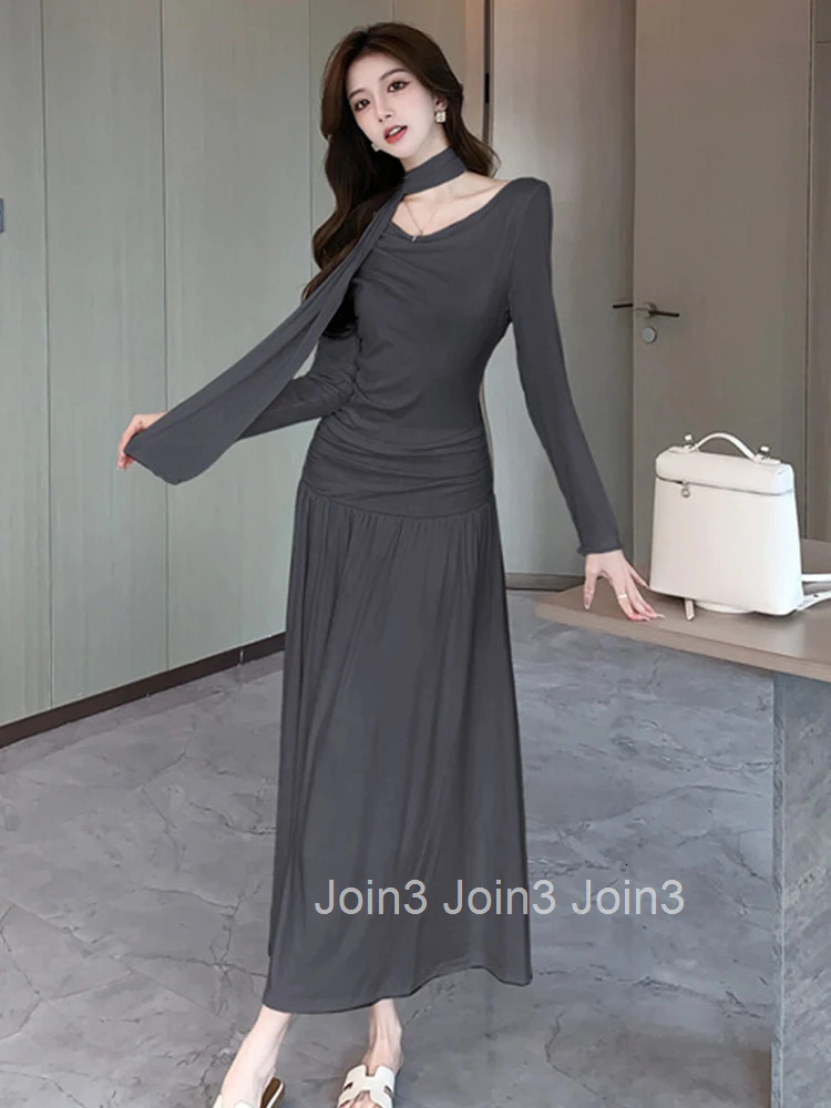 New Spring Autumn Fashion Casual Stretchy A-Line Long Dress Women Clothes Elegant Solid Long Sleeve Folds Slim Maxi Robe Vestido