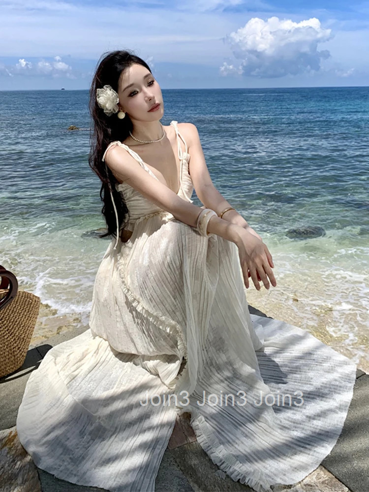 Women Vacation Clothes Sweet Floral Hollow Sexy Sling V-Neck Loose Maxi Long Dress Elegant Fashion Party Prom Vestido Robe Beach