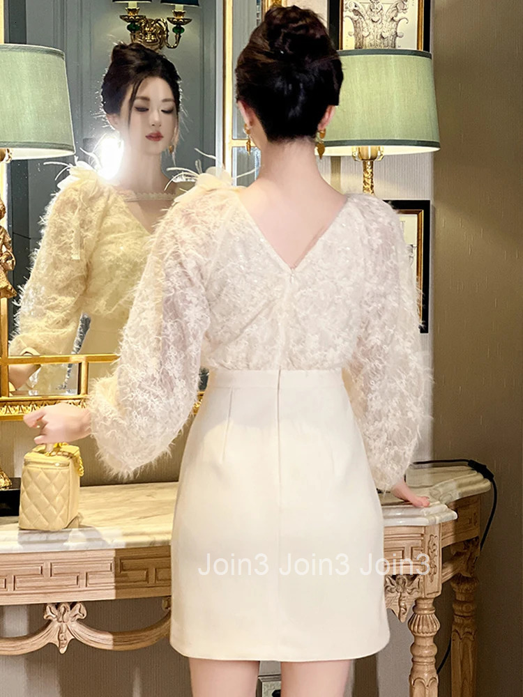 Women Clothes Sweet Fake 2-Piece Lantern Sleeves Slim Short Dress Elegant Ladies Fashion Party Vestidos Casual Formal Occasion