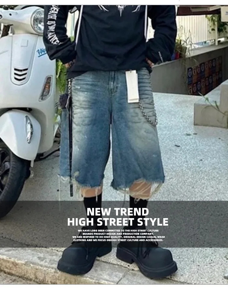 MIJKO Jeans Shorts Damaged Hole Baggy Shorts Men Women Streetwear Casual Denim Cargo Pants 250618