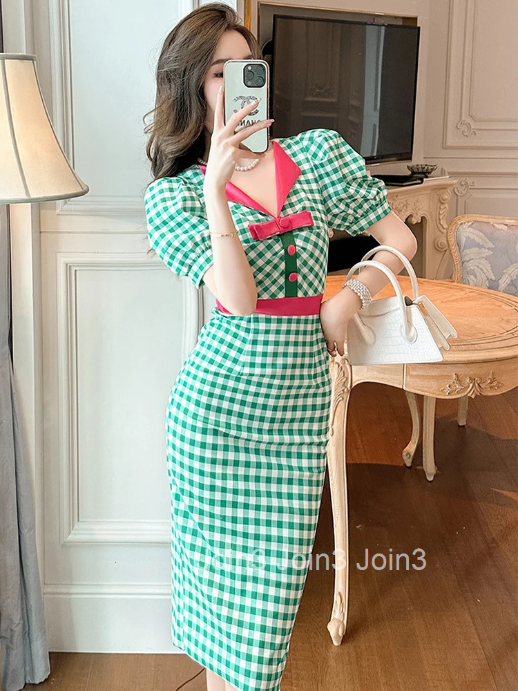 Fashion Summer Formal Pencil Dress Women Ladies Clothes Elegant Pretty Preppy Vintage Plaid Puff Sleeve Slim Midi Mujer Vestidos