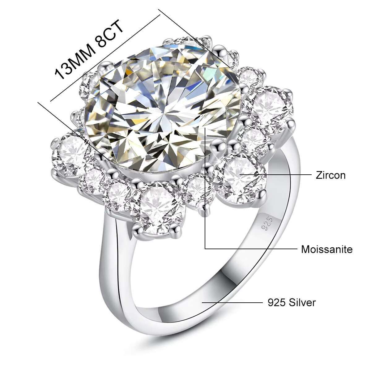 Luxury D VVS1 Huge 13mm 8 Ct Round Cut Women Engagement Fine Jewelry Gold Plated 925 Sterling Silver Rings Moissanite