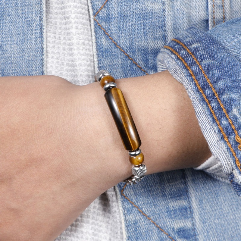 Natural Gemstone Bridge Bar Bracelet Charm Stainless Steel Chain Writband Cuff for Men Women Father Dad Anniversary Birthday Gift Fashion Fine Jewelry