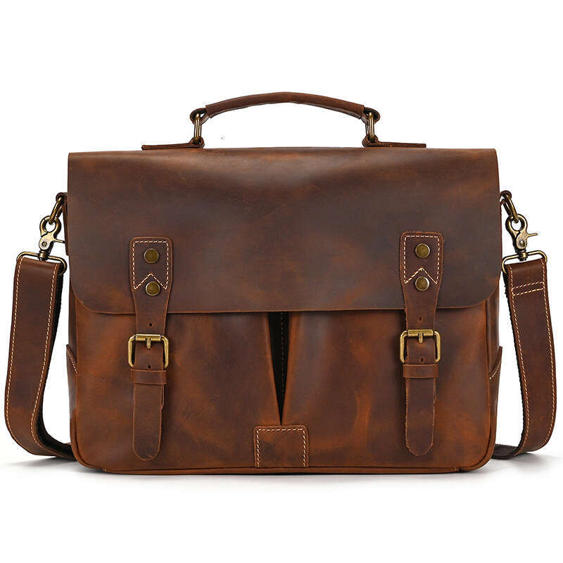 Men's Briefcase Crazy Horse 15 16inch Cowhide Commuter Genuine Leather Shoulder Laptop Bag