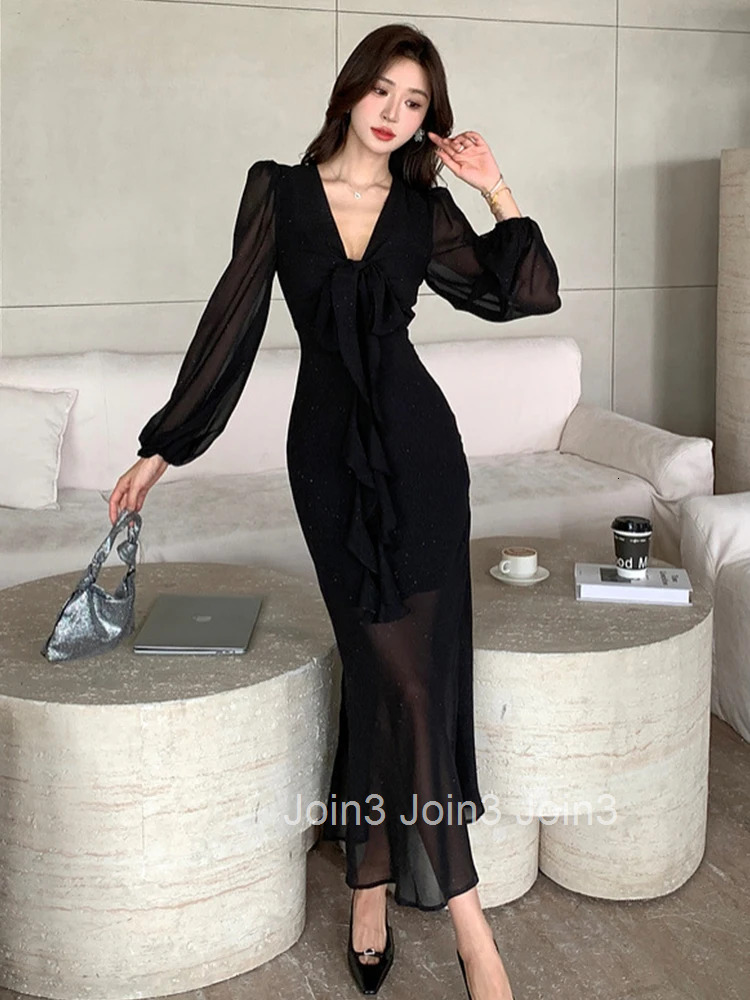 Spring Autumn Fashion Elegant Lady Black Chiffon Mermaid Dress Women Clothes Casual Lantern Sleeve Slim Midi Robe Party Vestidos