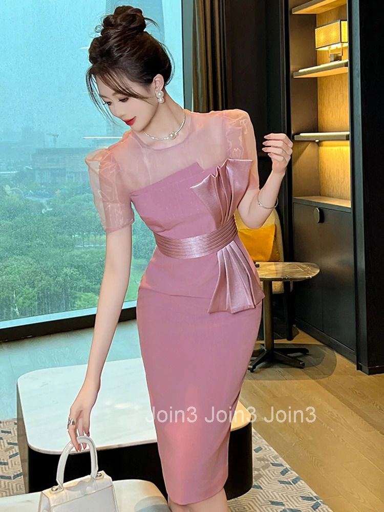 Summer Fashion Solid Formal Occasion Evening Dress Women Clothes Elegant Office Sexy Puff Sleeve Slim Midi Party Prom Vestidos