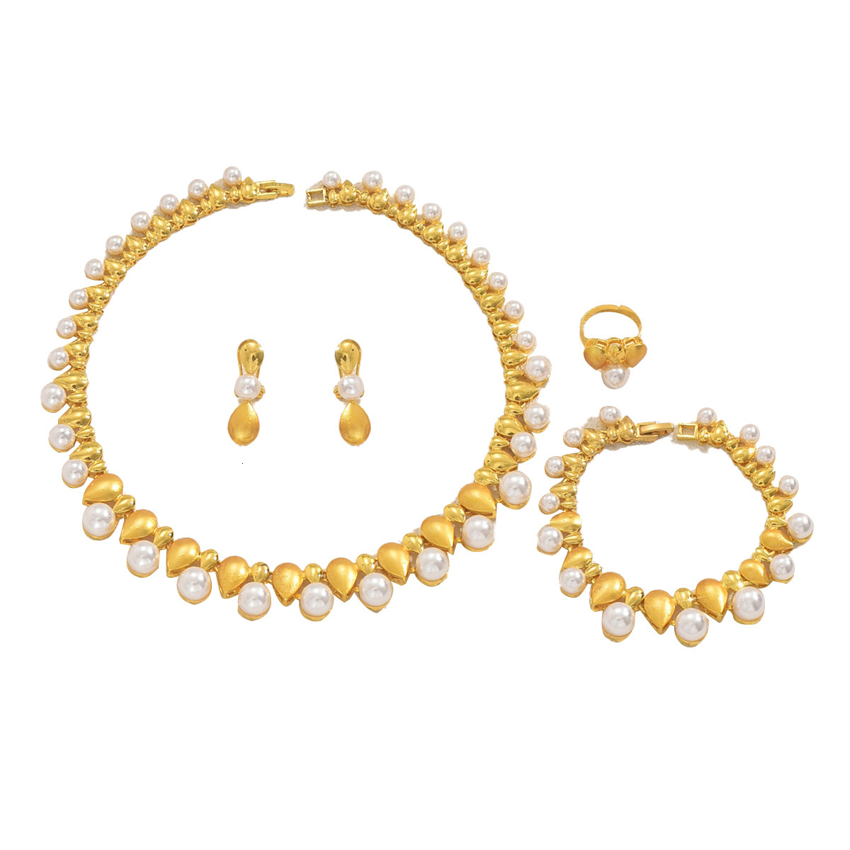 Jewelry Set Pearl Long Necklace Earrings Light Women's Open Ring