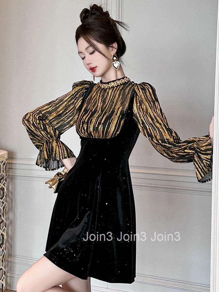 Women Clothes Sparkly Fake 2 Pieces Velvet Slim Mini Short A-Line Dress Elegant Luxury Ladies Fashion Party Prom Vestidos Spring