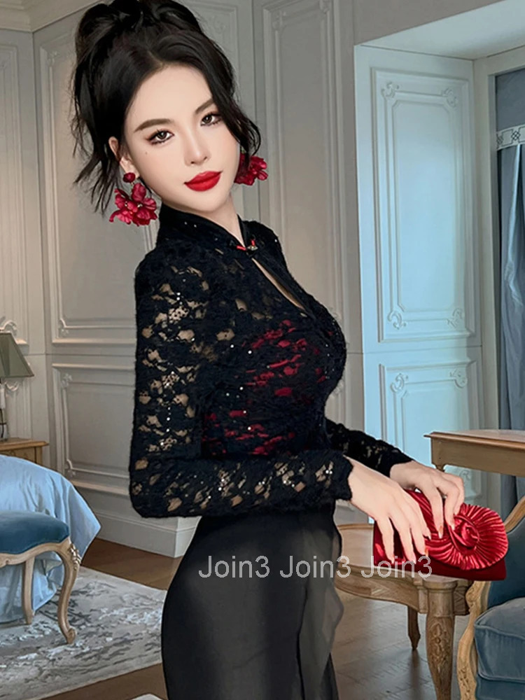 Fashion Spring Black Lace Sequin T-Shirt Women Clothing Elegant Chic Blouse Hollow Sheer Sexy Long Sleeve Female Inner-Match Top