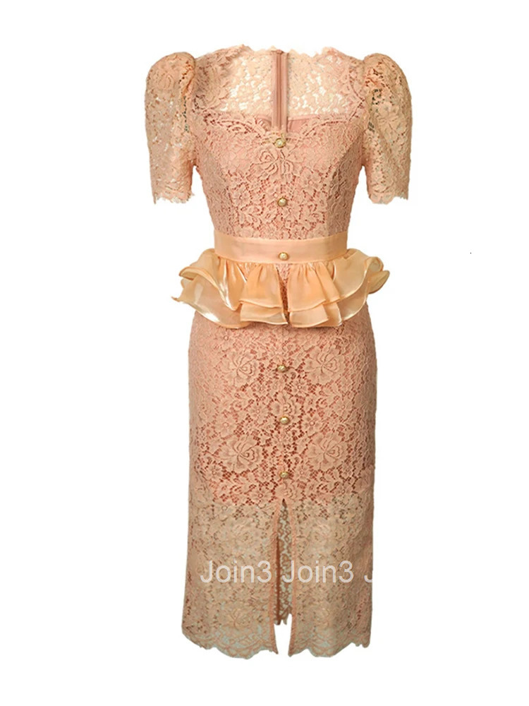 New Summer Elegant Women Evening Dress Chic Lace Pink Sheer Sexy Low Cut Ruffle Slim Midi Pencil Party Prom Femme Mujer Vestidos