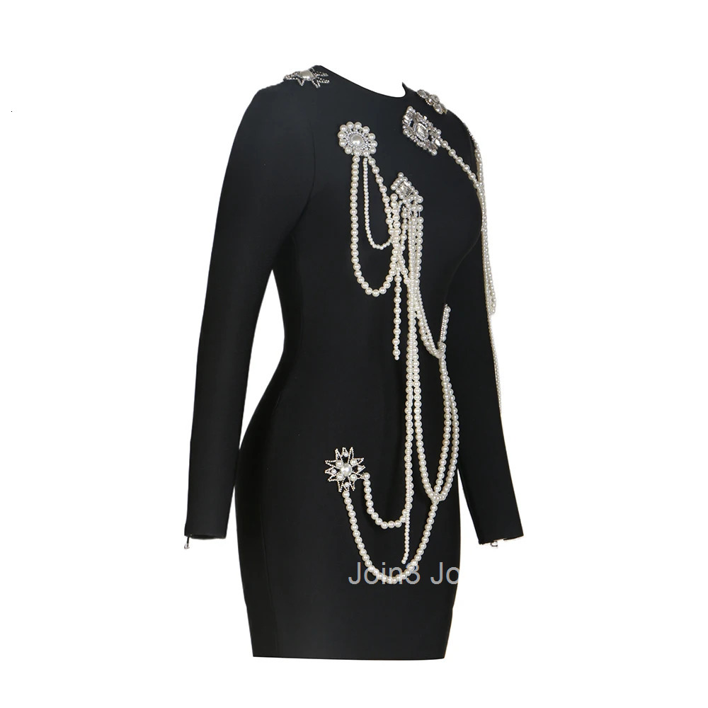 Luxury Fashion Womens Clothing Beading Diamond Black Bodycone Bandage Wrapped Hip Dress Elegant Long Sleeves Evening Party Gown
