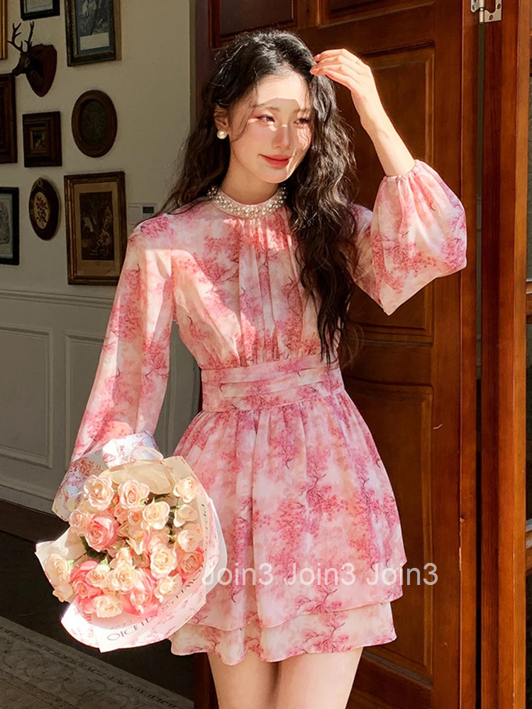 Women Vacation Clothes Sweet Pink Chiffon Floral Print O-Neck Slim Mini Short A-Line Dress Elegant Fashion Party Vestidos Casual