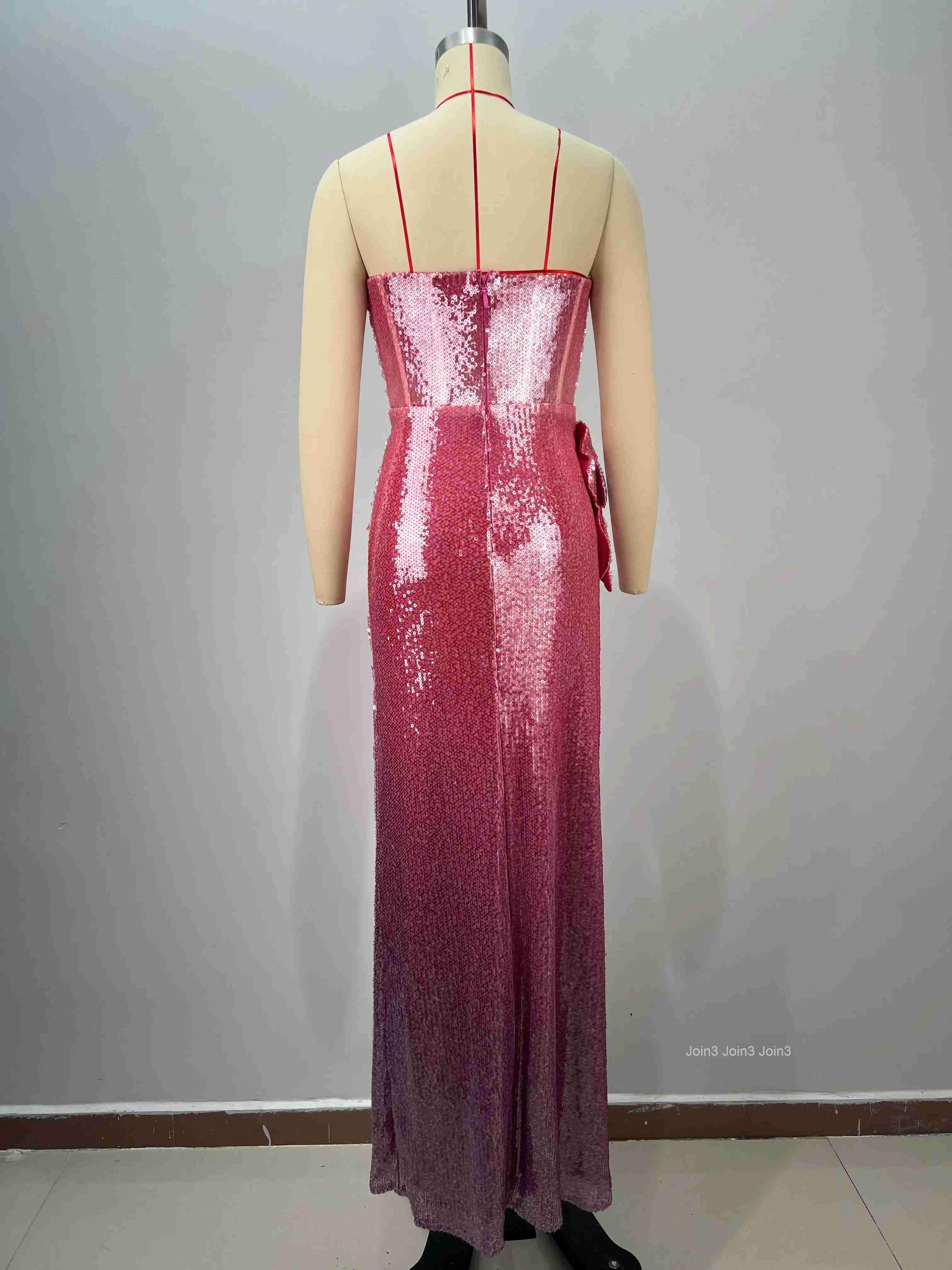 Womens Pink Bandage Dress Sequin 3D Floral Appliques Halter Neck High Slit Evening Gown Formal Party Dress