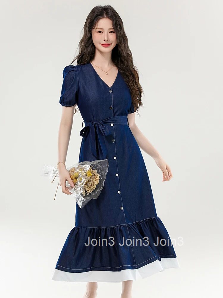Women Street Clothes Denim Vintage V-Neck Single Breasted Belt A-Line Long Dress Elegant Fashion Vestidos Robe Casual Summer New