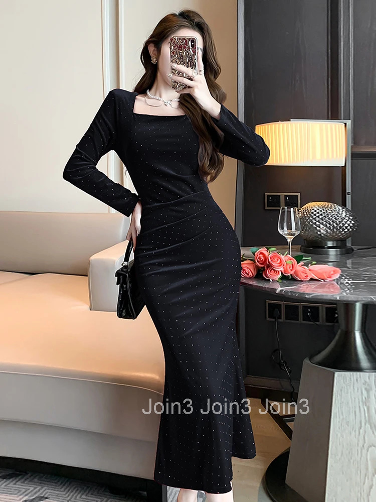 New Autumn Winter Retro Velvet Sparkly Evening Dress Women Clothes Elegant Square Collar Midi Fishtail Robe Party Prom Vestidos