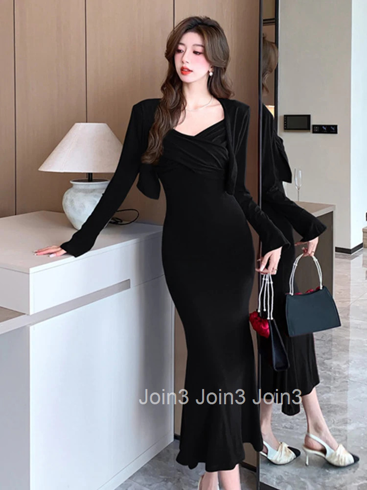 New Spring Autumn Ladies Solid 2 Piece Outfit Women Short Cardigan Tops Coat And Strap Skinny Robe Midi Dress Set Street Clothes