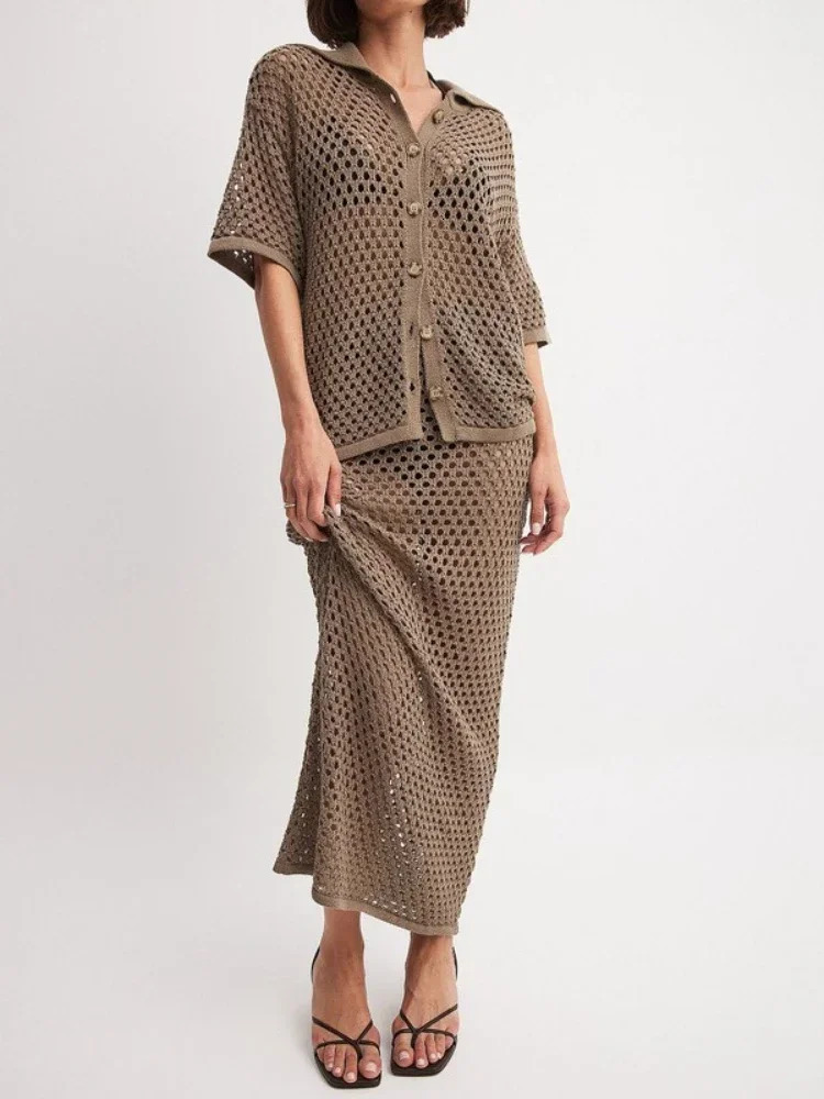 Womens Clothing Summer Casual Dress Sets Fashionable Mesh Fishnet Beach Knit Blouse Long Skirt Matching for Women 250614