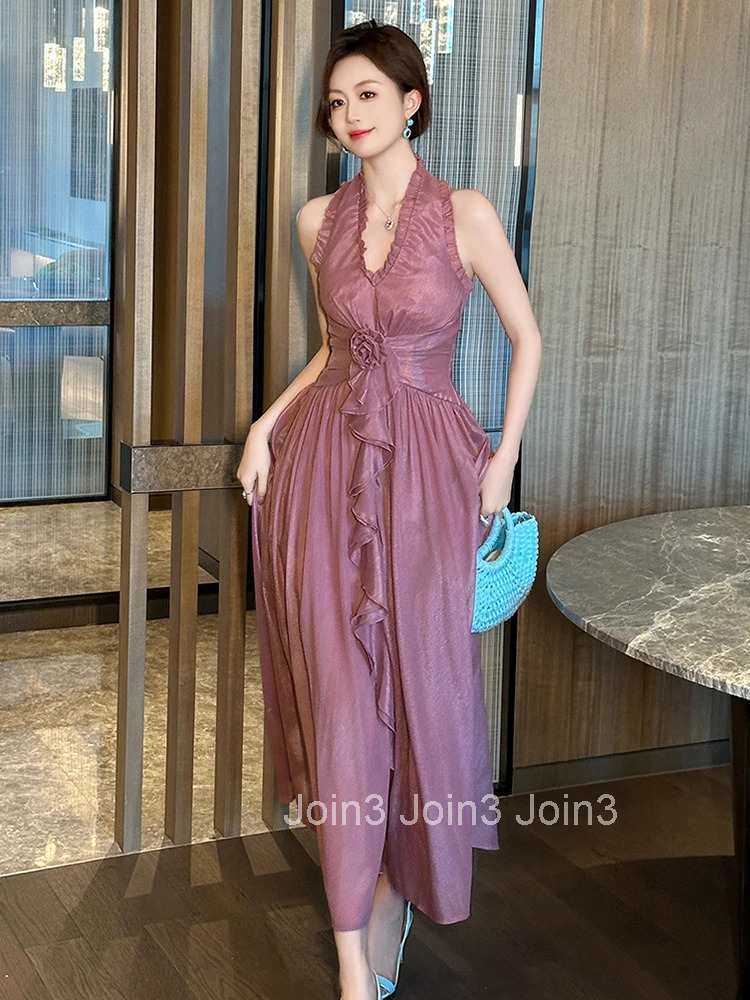 Summer Sweet Pink Ruffle Vacation Gown Evening Dress Women Clothes Elegant Sexy V-Neck Slim Maxi A-Line Robe Party Prom Vestidos