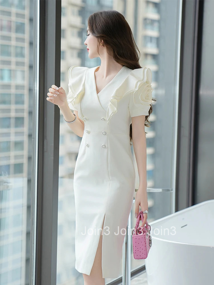 New Summer Fashion Elegant Office Formal Occasion Pencil Dress Women Clothes Commute Ruffle Puff Sleeve V-Neck Slim Midi Vestido