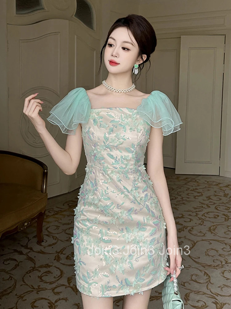 Summer Fashion Lace Sequin Floral Vacation Evening Dress Women Clothes Girls Sweet Sexy Bubble Sleeve Slim Party Prom Vestidos