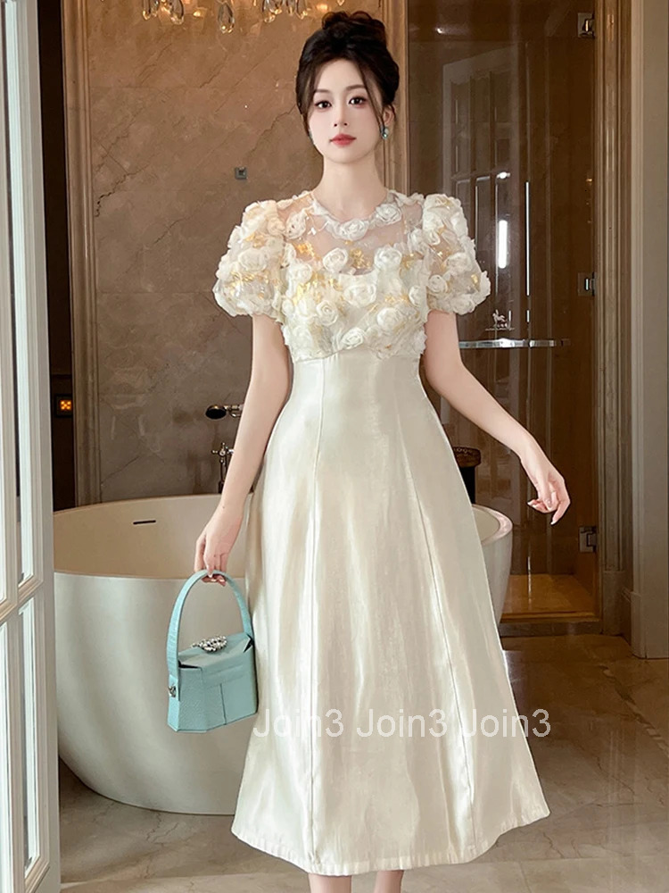 Summer Casual Sheer Sexy O-Neck Evening Dress Women Clothes Sweet Floral Puff Sleeve Slim Midi A-Line Robe Party Prom Vestidos