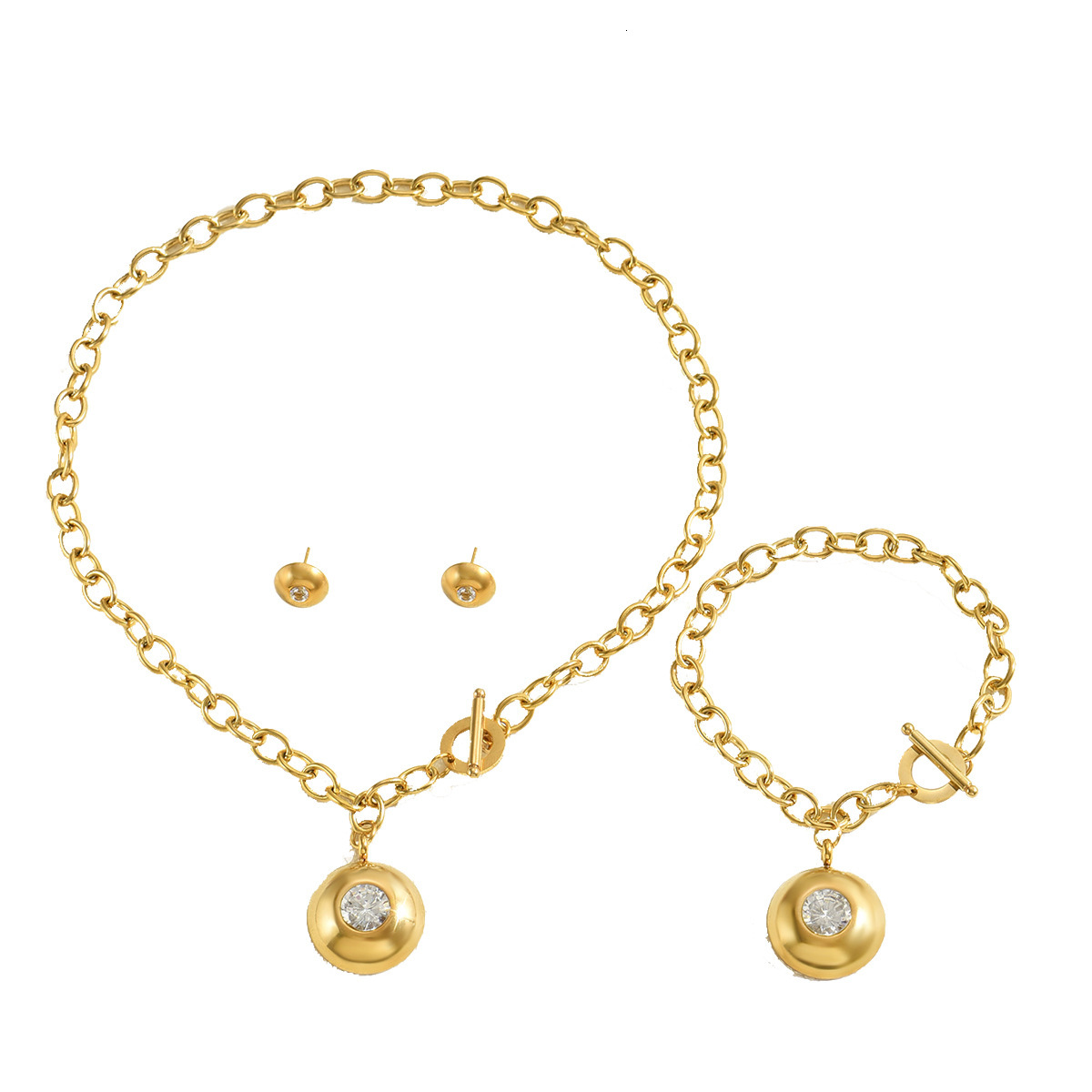 Women's Style Earrings Necklace Set Personality Geometric Circle Zircon Inlaid Design Bracelet Jewelry