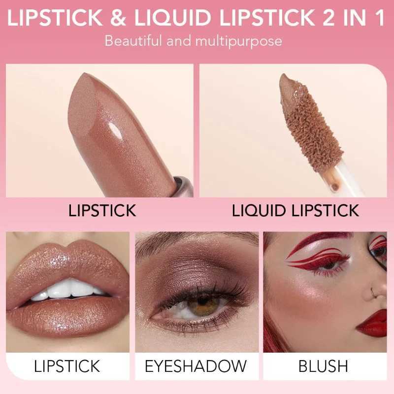 2 IN 1 Lipstick Lip Gloss Sexy Metallic Pearlescent Color Liquid Lipstick Shimmer Long-lasting Moisturizing Waterproof Makeup XJ250623