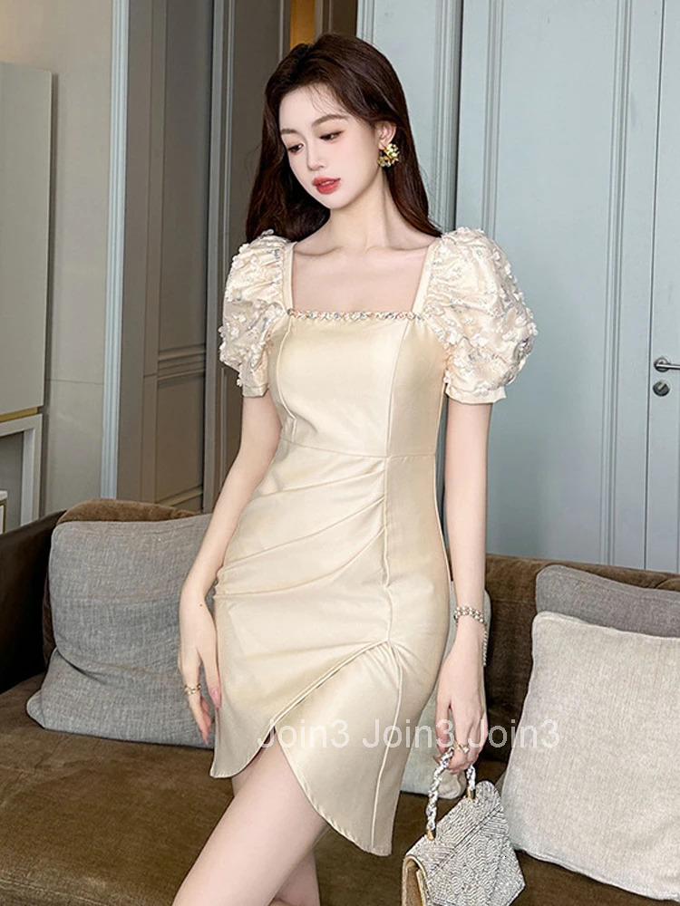 New Elegant Luxury Summer Asymmetrical Evening Dress Women Clothes Sweet Lace Puff Sleeve Slim Short Party Prom Vestidos Fiesta