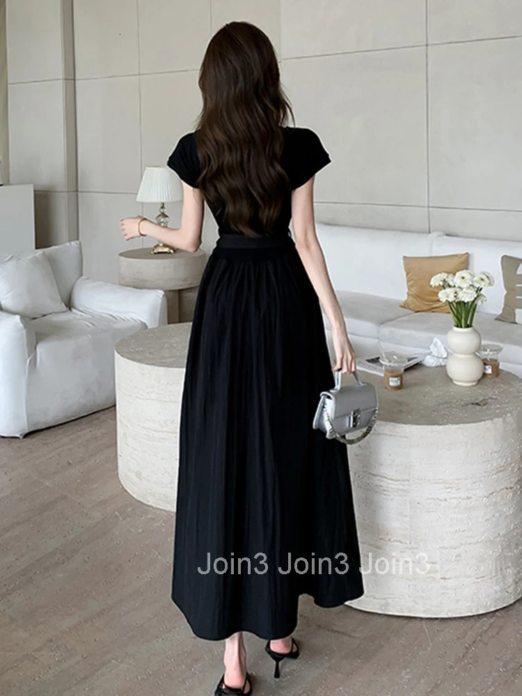 Summer Black Simple A-Line Long Dress Women Elegant Casual O-Neck Short Sleeve Slim Belt Maxi Robe Femme Vestidos Street Clothes