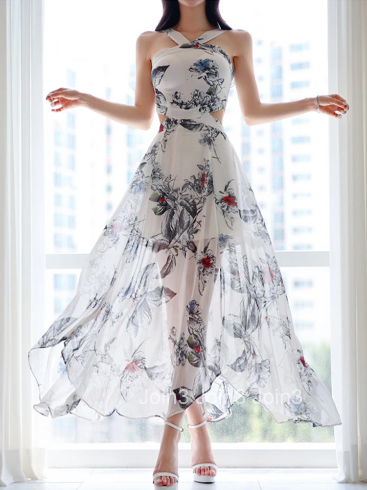 New Summer Fashion Print Vacation Long Dress Women Clothes Elegant Hollow Sexy Sling Slim Maxi A-Line Party Prom Vestidos Robe
