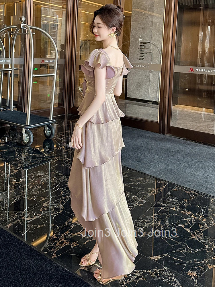 New Sweet Ruffle Square Collar Gown Evening Dress Women Vacation Clothes Short Sleeve A-Line Maxi Long Robe Party Prom Vestidos