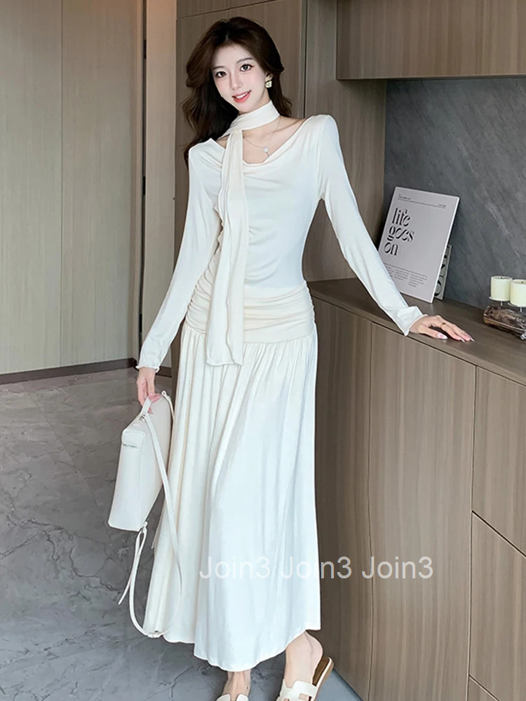 New Spring Autumn Fashion Casual Stretchy A-Line Long Dress Women Clothes Elegant Solid Long Sleeve Folds Slim Maxi Robe Vestido
