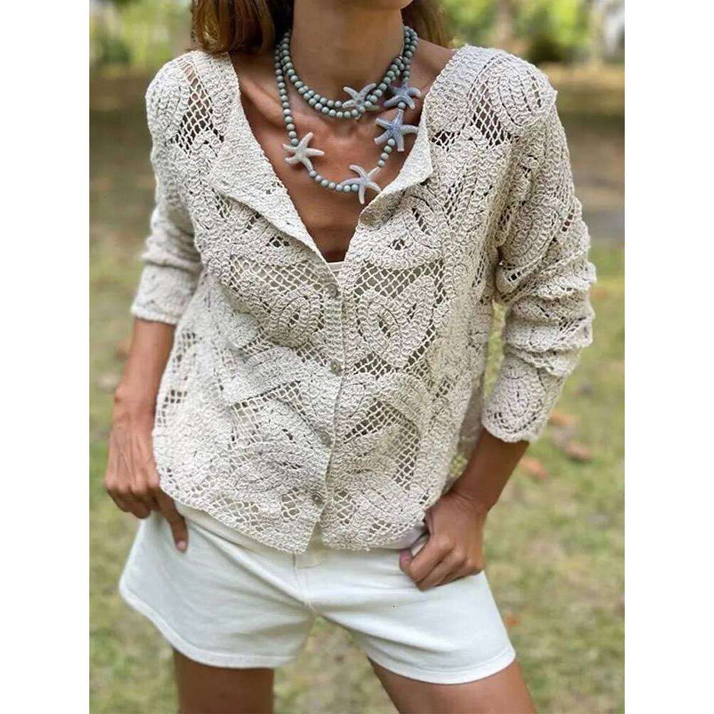 Elegant Beige Casual Hollow Out Shirts Women's Vintage Hook Floral Lace Long Sleeve Button Blouse French Tops Blouses Clothes
