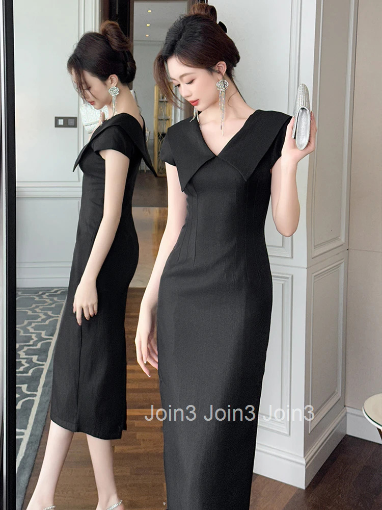 Summer Commute Formal Occasion Dress Women Clothes Elegant Lady Retro Solid Simple Lapel Short Sleeve Slim Midi Pencil Vestidos