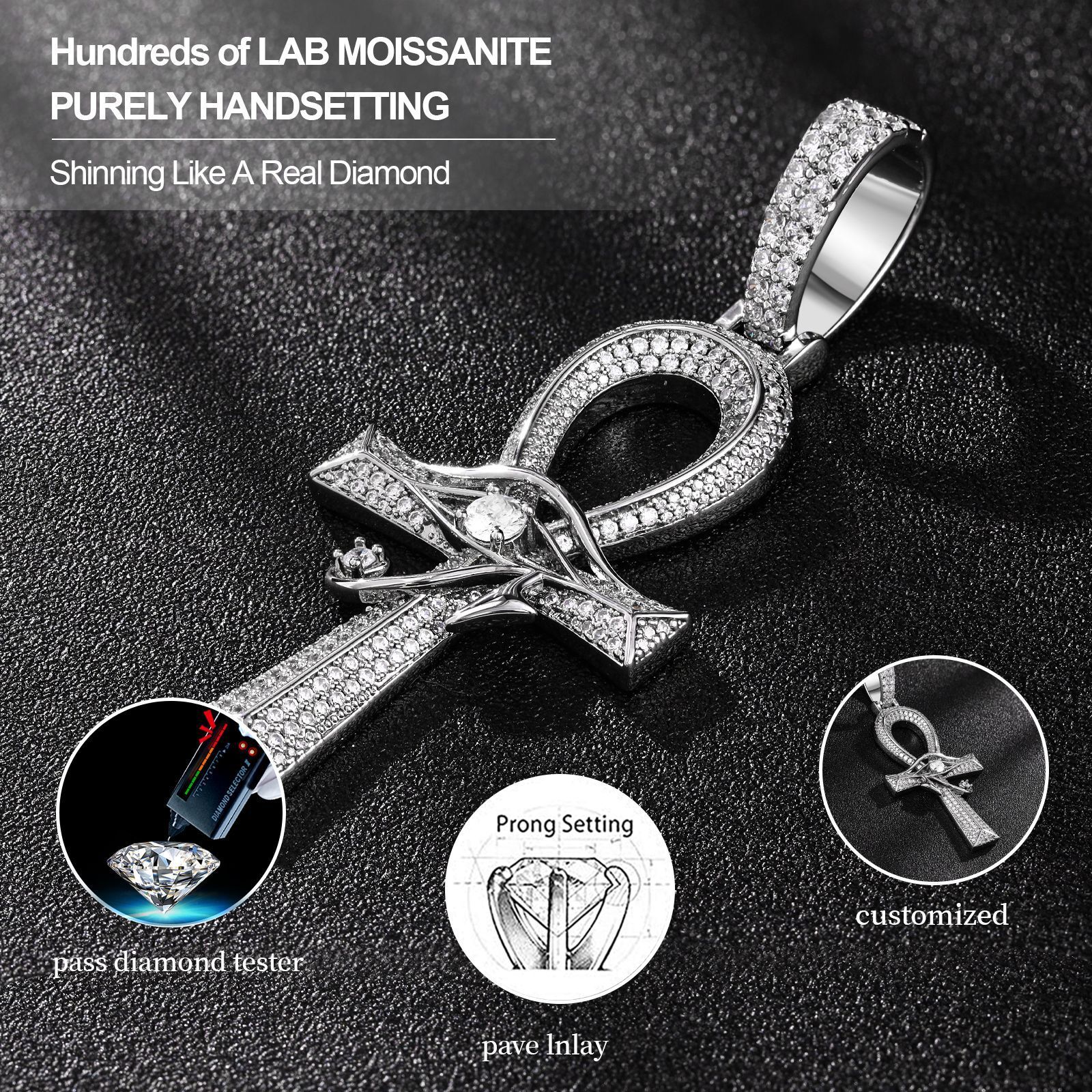 Best Seller Full Iced Out Classic Egyptian Cross Pendant Hip Hop Luxury Moissanite Statement Necklace Pass the diamond tester