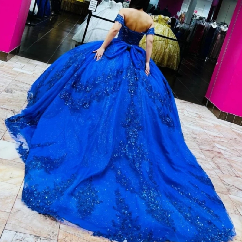 Royal Blue Shiny Princess Ball Gown Quinceanera Dresses Floral Applique Beaded Bow Sweet 16 Dress Vestidos De 15 Anos