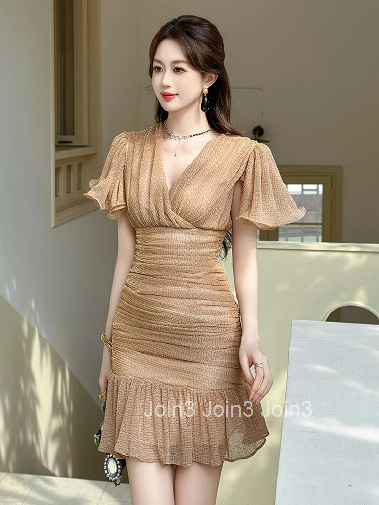 Elegant Fashion Sparkly Gold Bright Silk Mermaid Dress Women Clothes Summer Ruffle Sleeve Slim Party Club Prom Vestidos Fiesta