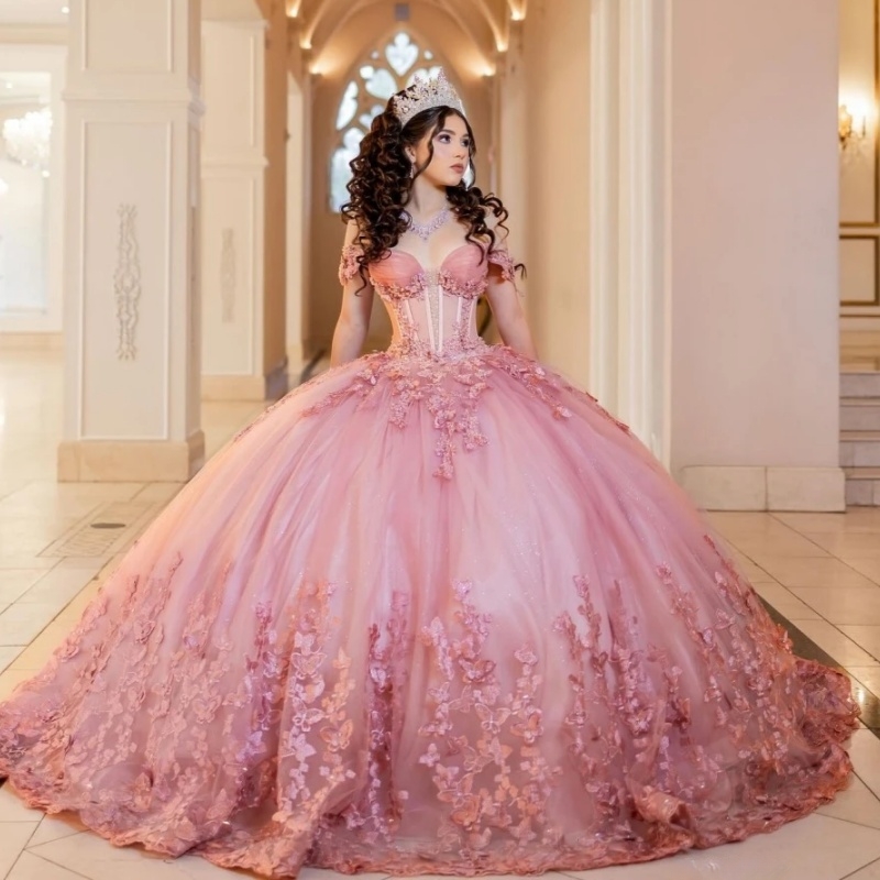 Blush Shiny Ball Gown Quinceanera Dresses Bow Beaded Crystal With Cape Tull Sweet 16 Dress Vestidos De 15 Anos