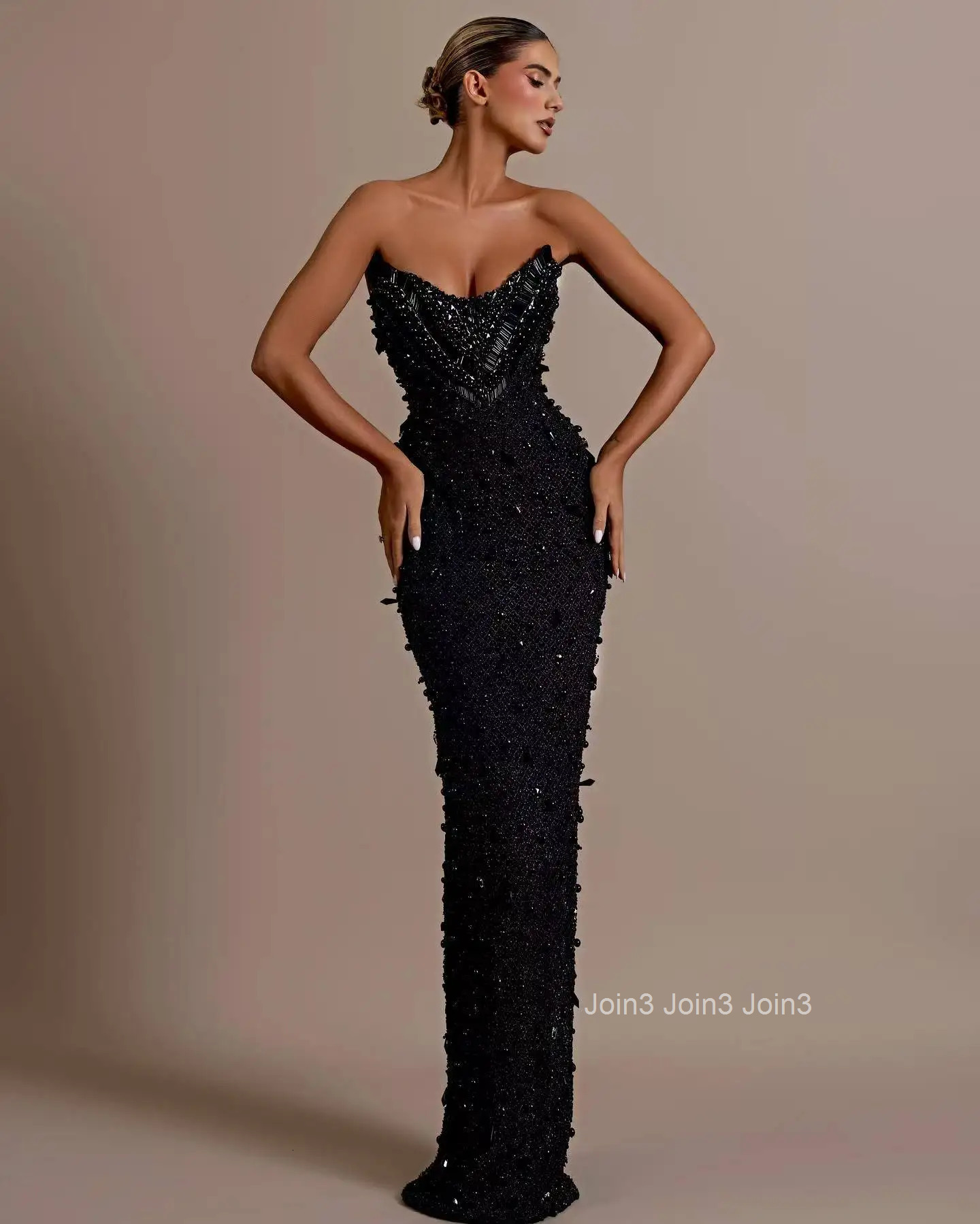 Womens Black Bandage Dress Sequin Glitter Strapless Bodycon Evening Gown with V Neck Beading Mermaid Hem