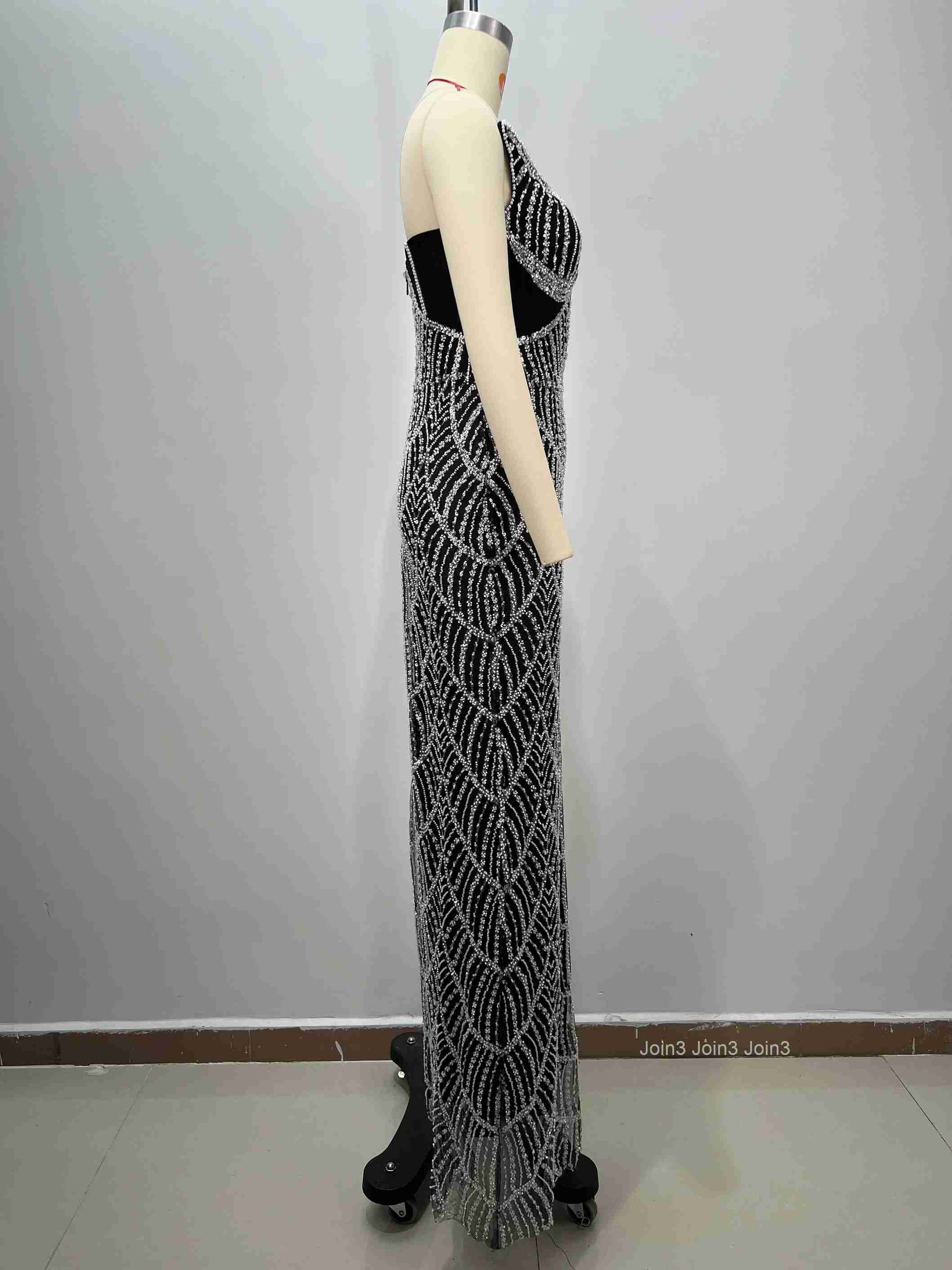 Sexy Backless Sheer Mesh Hollow-out Pearl Strapless Slim Long Evening Gown