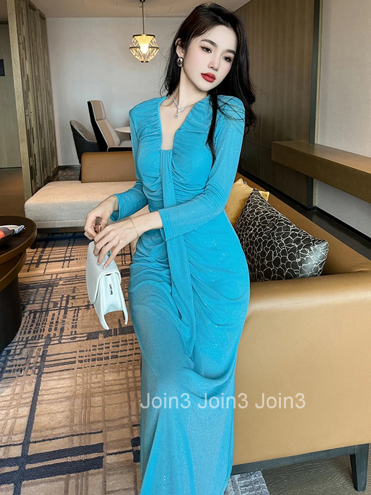 French Style Blue Sparkly Long Evening Dress Ladies Women Clothing Elegant V-Neck Slim Midi Party Prom Robe Femme Mujer Vestidos
