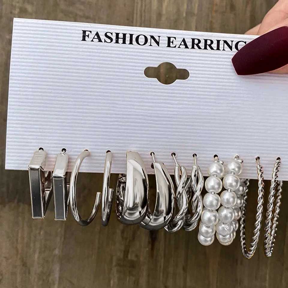 6/24 Pairs Gold Color Vintage Hoop Earrings Set for Women Girl Imitation Pearl Geometric Metal Twist Earring Fashion Jewelry XJ250623