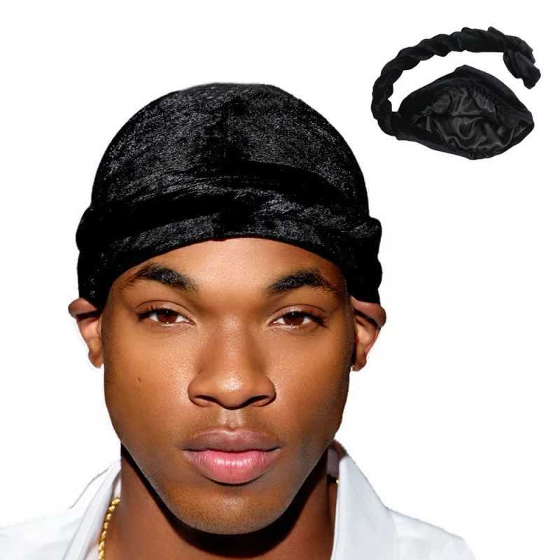 Solid Color Mens Velvet Head Scarf Ethnic Braided Double Layer Satin Inside Man Turban Hats Fashion Designer Silk Durag M250623