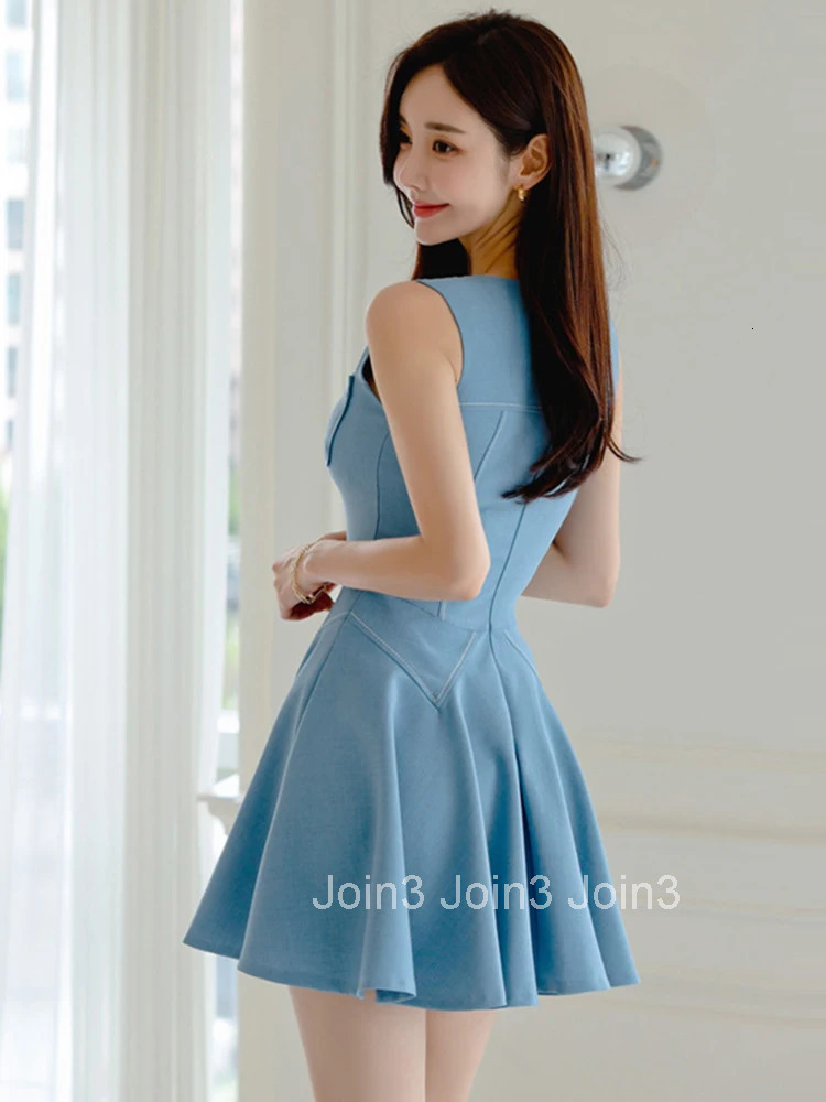 Korean Fashion Summer Simple Sweet O-Neck Short A-Line Dress Women Mujer Casual Vintage Sleeveless Slim Vestidos Street Clothes