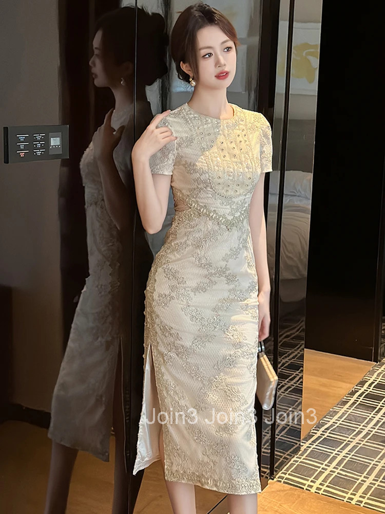 New Summer Fashion Lace Embroidery Evening Dress Women Clothes Casual Elegant O-Neck Short Sleeve Slim Midi Party Prom Vestidos