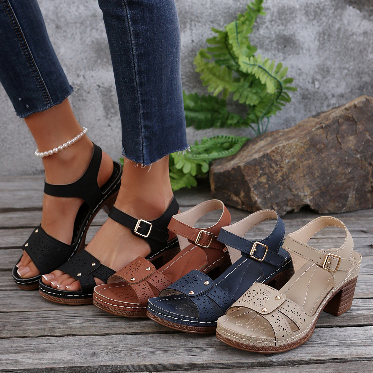 2025 Casual Roman Style Round Toe New Hollow Pattern High Heel Buckle Strap Large Size Sandals for Women ddmythur